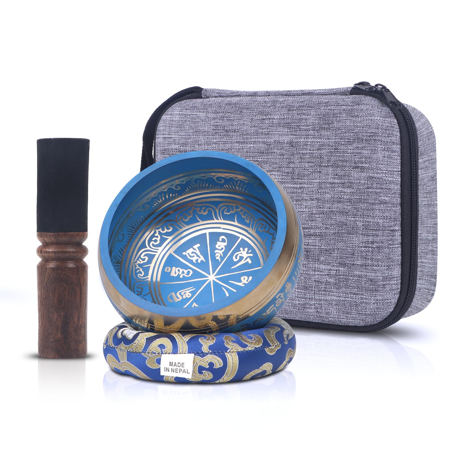 Kmise Tibetan Singing Bowls Set- Handmade in Nepal Meditation Sound Bowls for Yoga, Meditation, Mindfulness, Healing and Chakra Balancing, Stress Relief (5′, Blue)