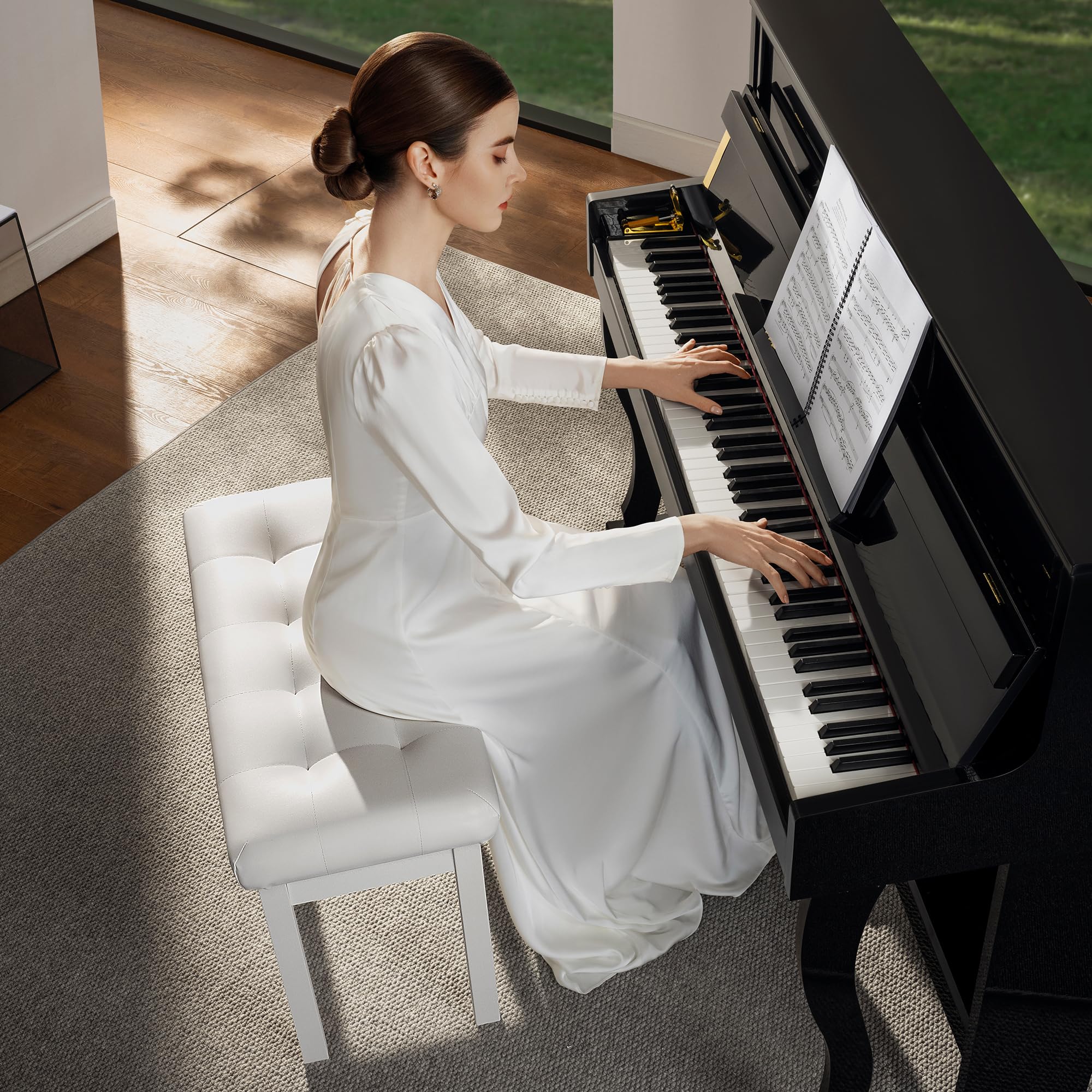Castlestar Premium Duet Piano Bench with Storage – 3 Inches Plush PU Leather Seat, Solid Wooden Legs, Comfortable Piano Seat for Two – White