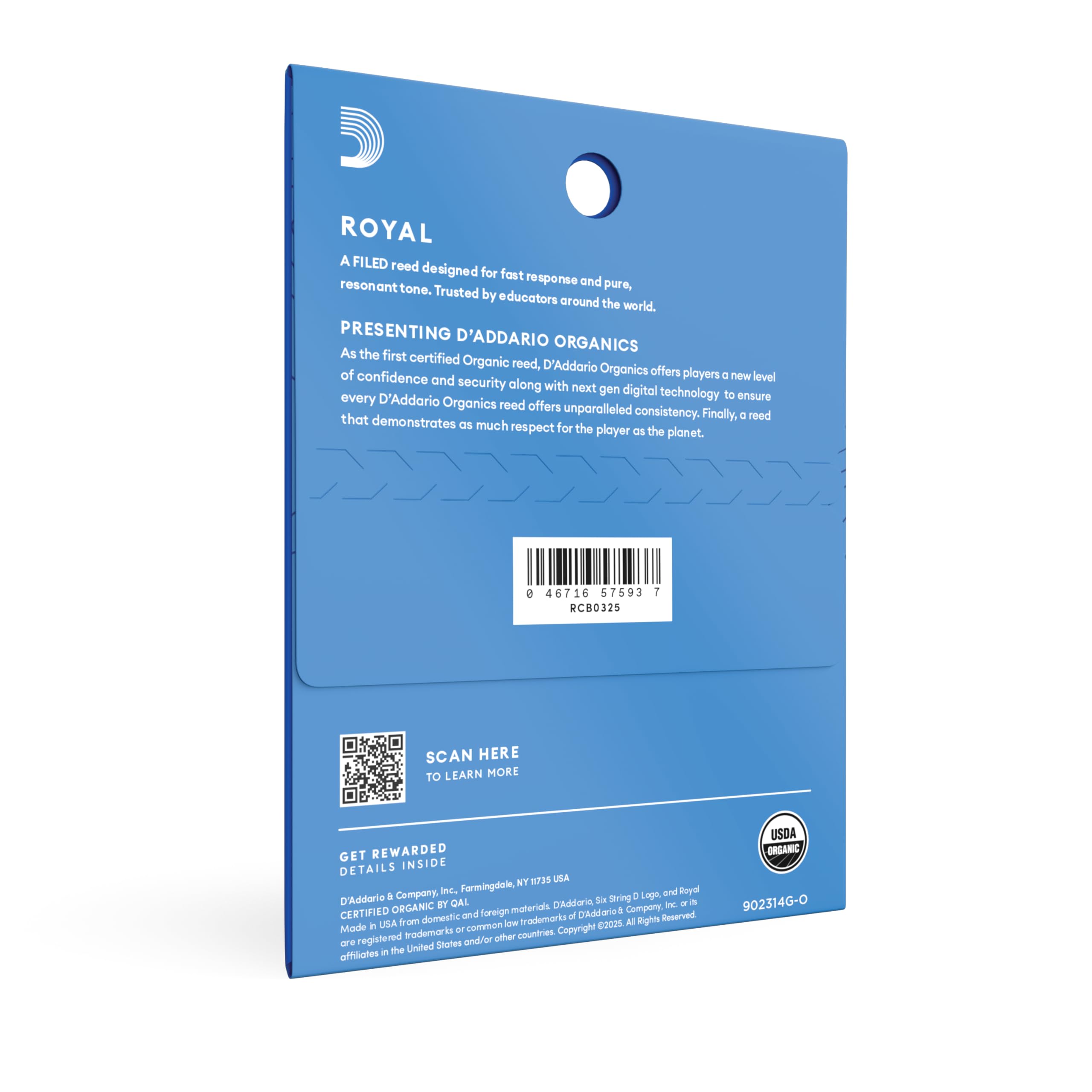 D’Addario RCB0325 Royal Organic Bb Clarinet Reeds Strength 2.5, 3-Pack