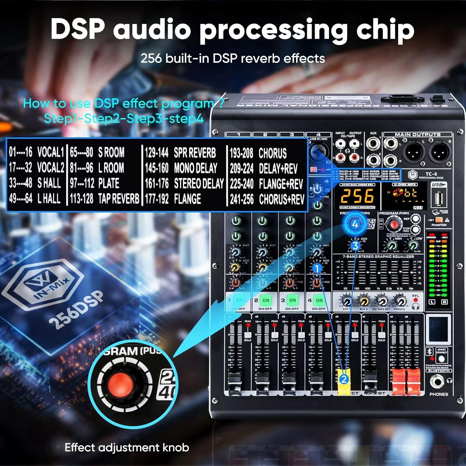 W IN-MIX 4 Channel Audio Mixer with Bluetooth, USB MP3 Player, 48V Phantom Power for Studio Recording, Live Performance, Karaoke, Podcast