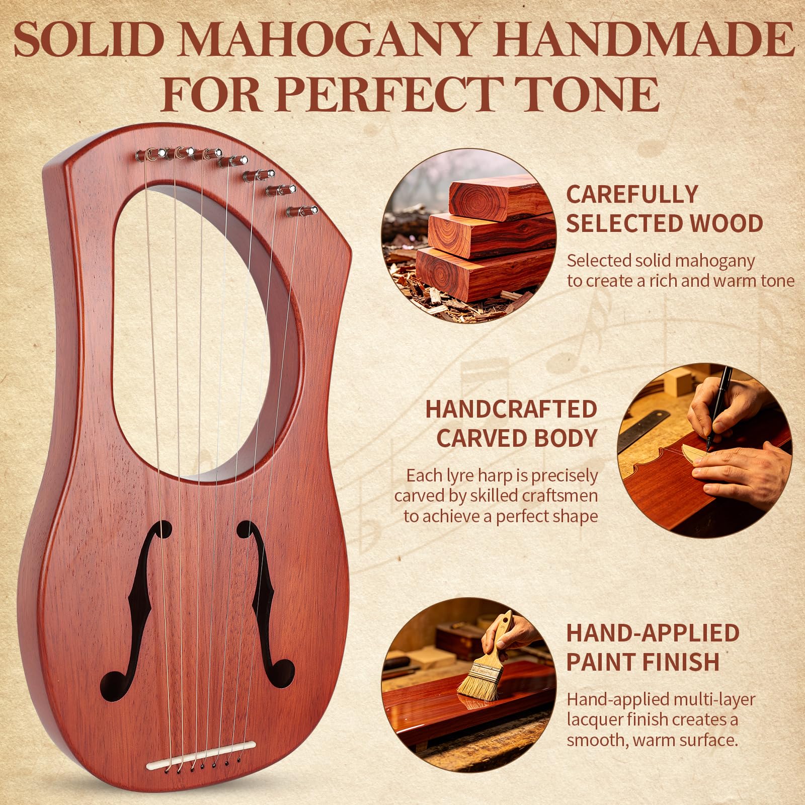 Lotkey 7 String F-Shaped Sound Holes Lyre Harp, Handcrafted Solid Okoume Wood Harp for Beginners, Musical Instrument Portable Gift with Storage Bag, Tuning Wrench & Spare Strings for Kids & Adults.