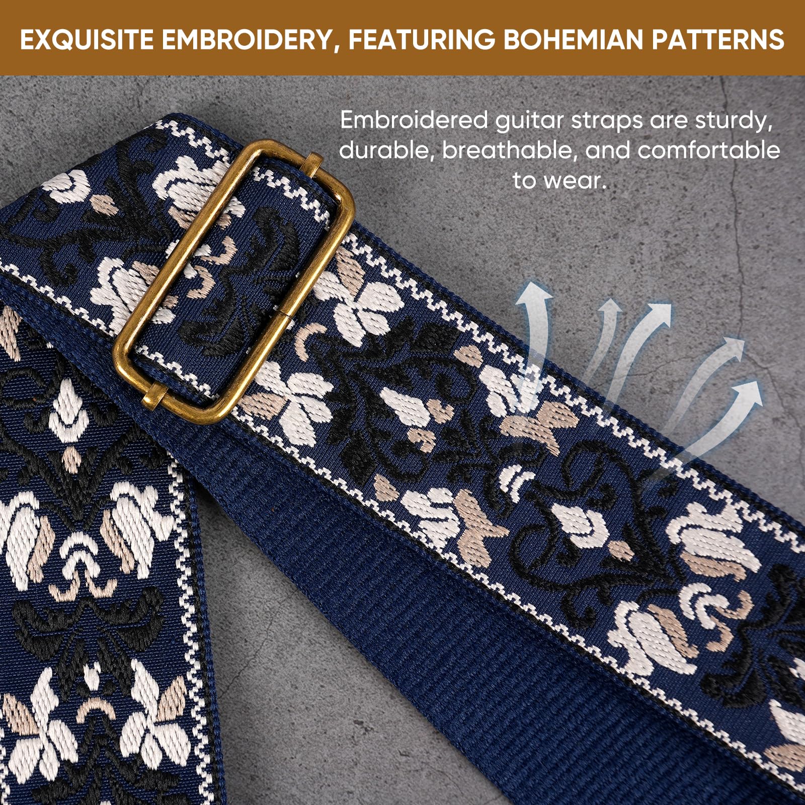 Guitar Strap,Jacquard Cotton Guitar Straps with Real Leather Ends for Acoustic,Electric Guitars and Bass,with Free 1 Head strap, 2 Anti Slip Buckle and 3 Guitar Picks(GS-75-3 Deep Blue Jacquard)