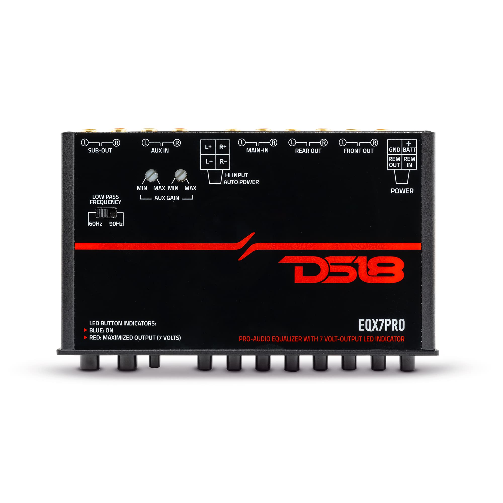 DS18 EQX7PRO High Volt 7-Band Equalizer with High Level Input, Auto Turn On, and High Volt LED Indicator