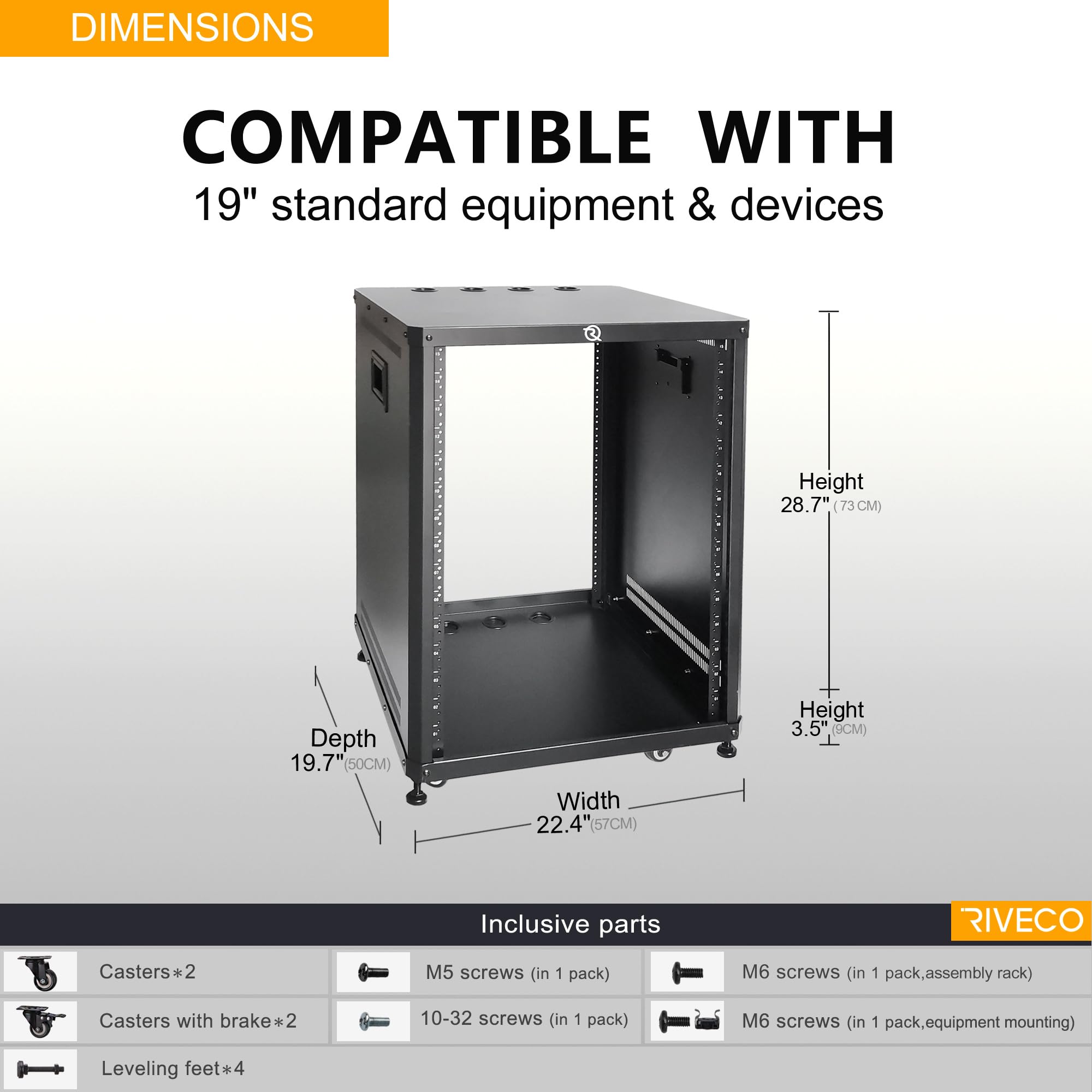 RIVECO 15U Network & Audio Rack with Feet & Wheels, Obtuse Angel Server Rack Cabinet, Rolling Studio Rack Case with Adjustable Depth Rails for 19″ Stereo Recording & IT Equipment Mounting 1PCS