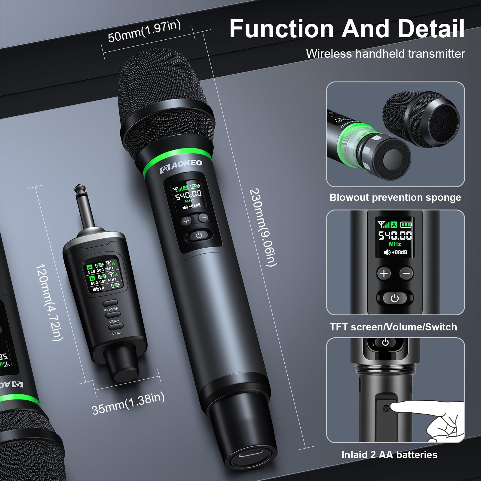 Aokeo Wireless Microphone, AK-22P Metal Wireless Mic Set with Case, Handheld Cordless Dynamic Microphones for Singing, Karaoke, Church, DJ, 130ft Range