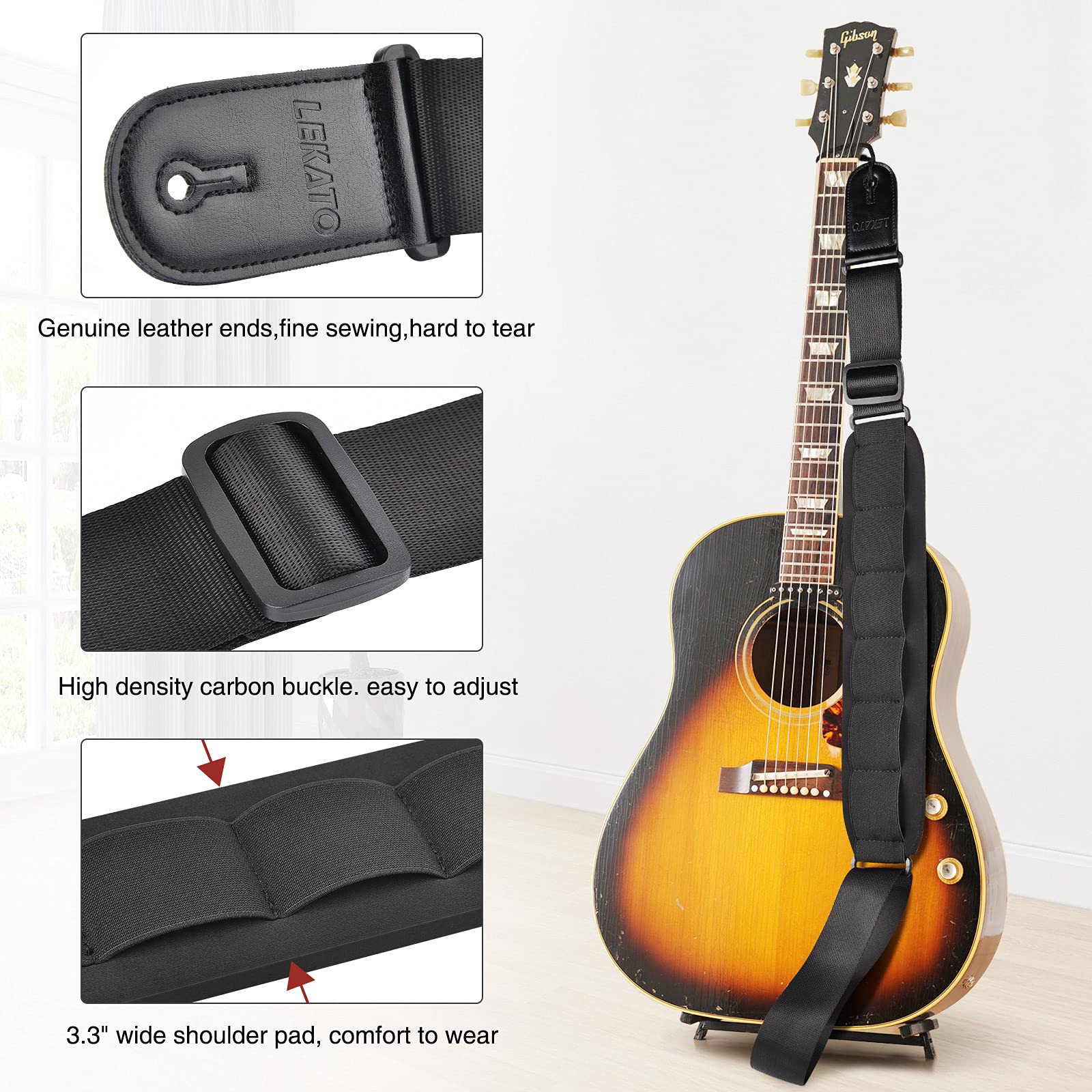 LEKATO Bass Guitar Strap 3.3″ Wide Padded Guitar Strap for Electric Guitar