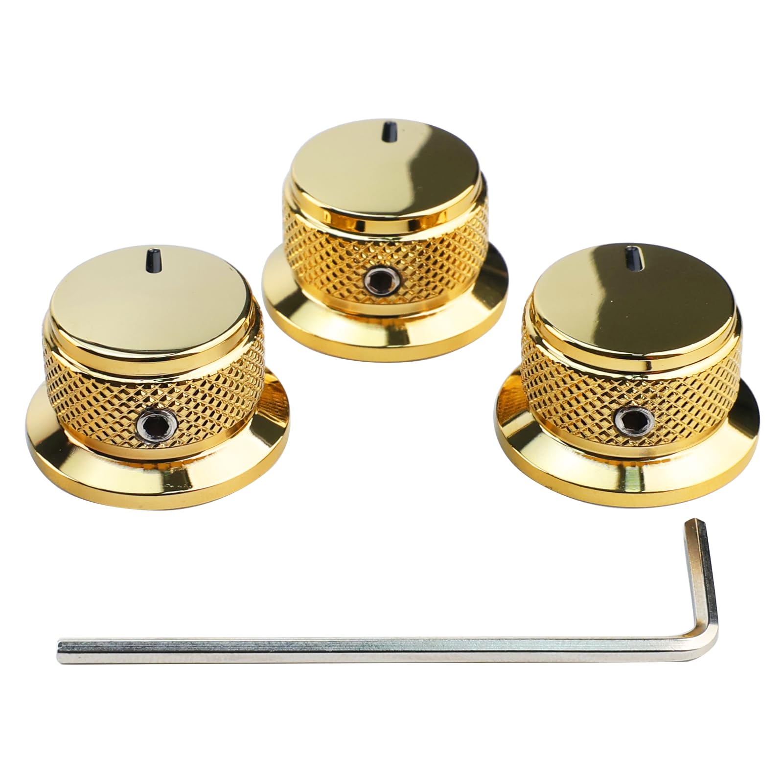 OVSAL 3PCS Electric Bass Guitar Metal Knobs Flat-top Hat-Shaped Volume Tone Control Knobs with Set Screw 6mm Hole Compatible with Fender Strat Telecaster Les Paul Electric Guitars or Basses(Gold)