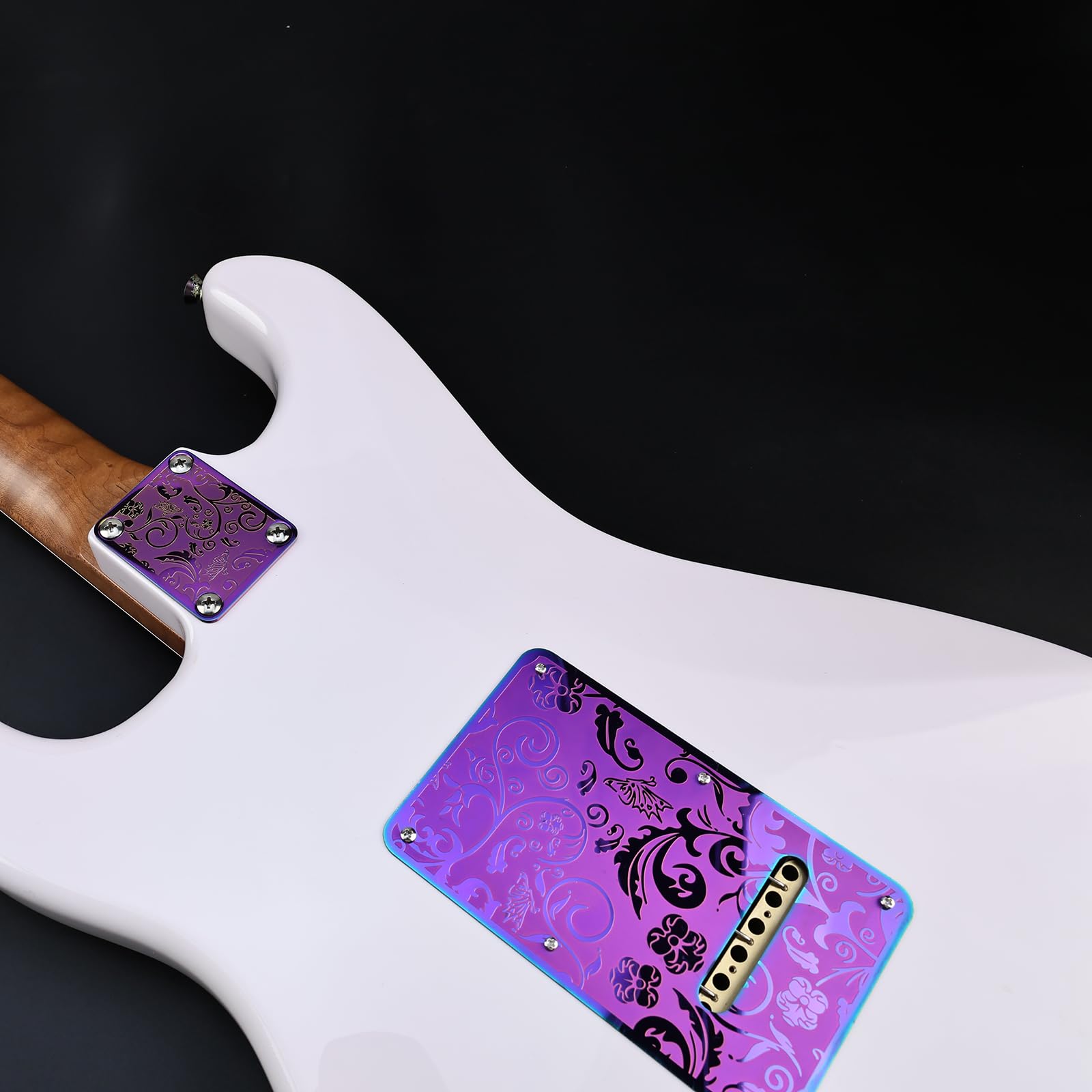 OVSAL Stainless Steel Guitar Back Plate 6 holes Engraved Metal Trem Tremolo Cover Electric Guitar Back Cover Plate Compatible with USA/Mexican Standard FD Strat ST Replacement Parts (Purple)