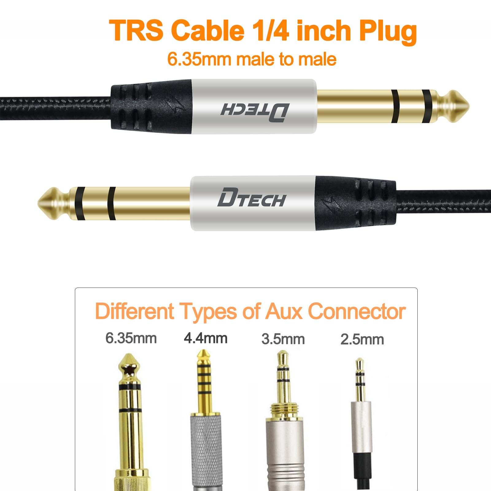 DTECH 3ft Electric Guitar Cable TRS 1/4 Instrument Cord Aux Balanced Stereo Jack Quarter Inch 6.35mm for DJ Speakers Amplifier Bass Studio Audio Monitor Mixer