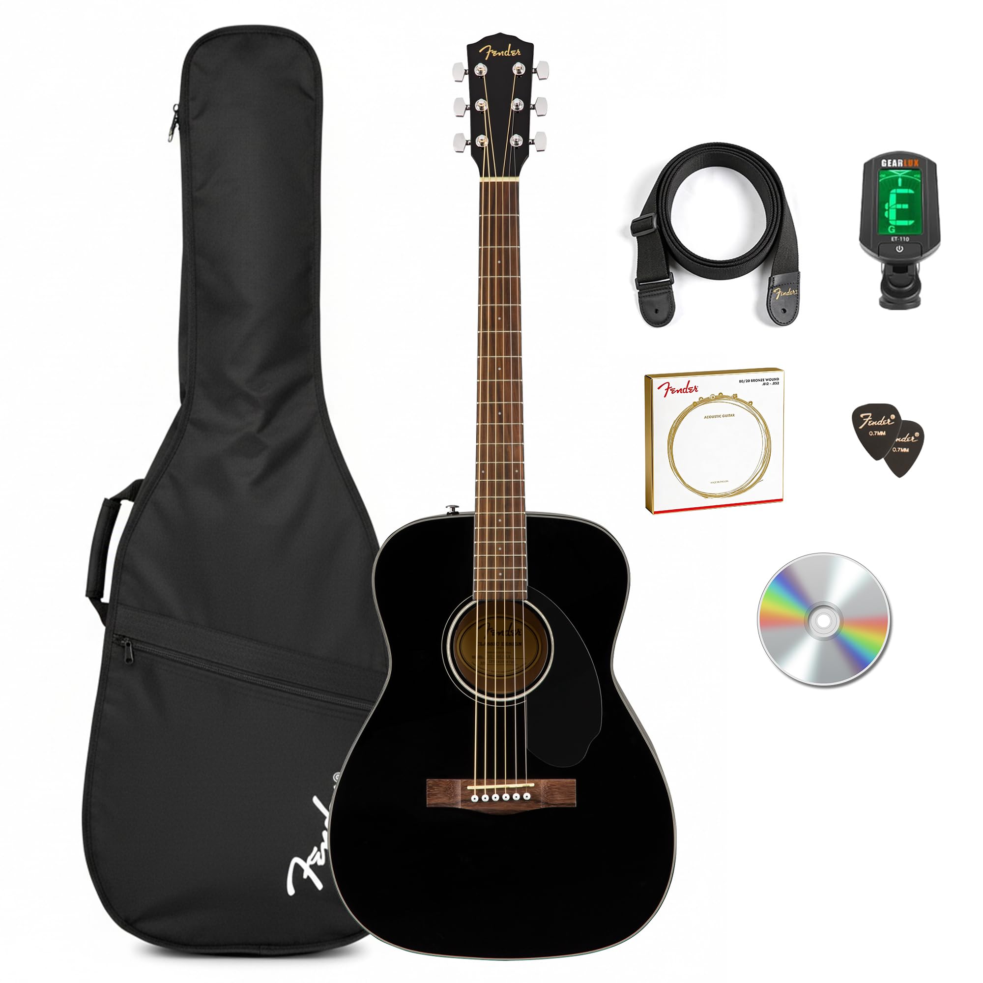 Fender CC-60S Solid Top Concert Acoustic Guitar – Black Bundle with Gig Bag, Tuner, Strap, Strings, Picks, and Austin Bazaar Instructional DVD