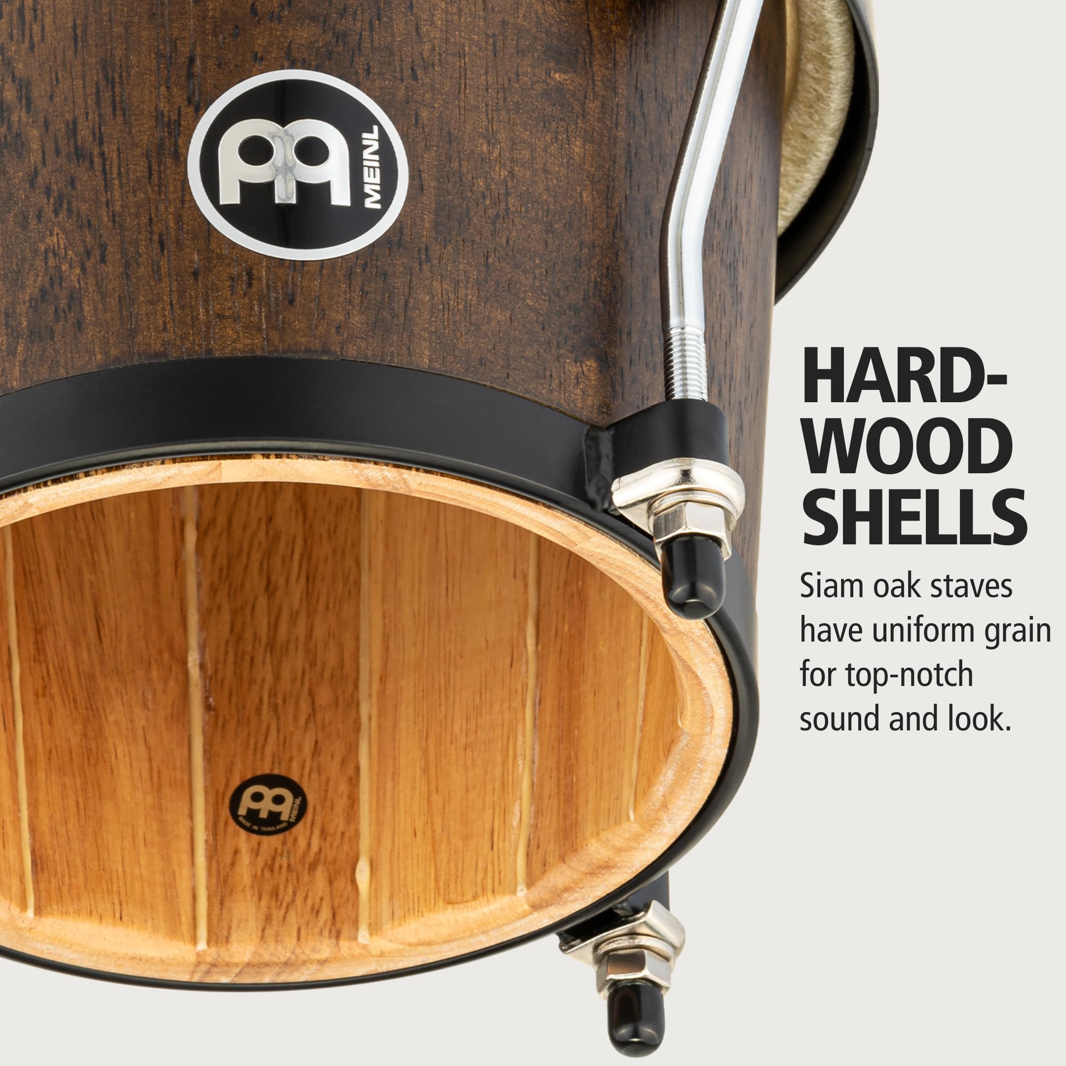 Bongos with Rubberwood Stave Shells, Headliner Series — NOT MADE IN CHINA — Natural Buffalo Skin Heads, 2-YEAR WARRANTY