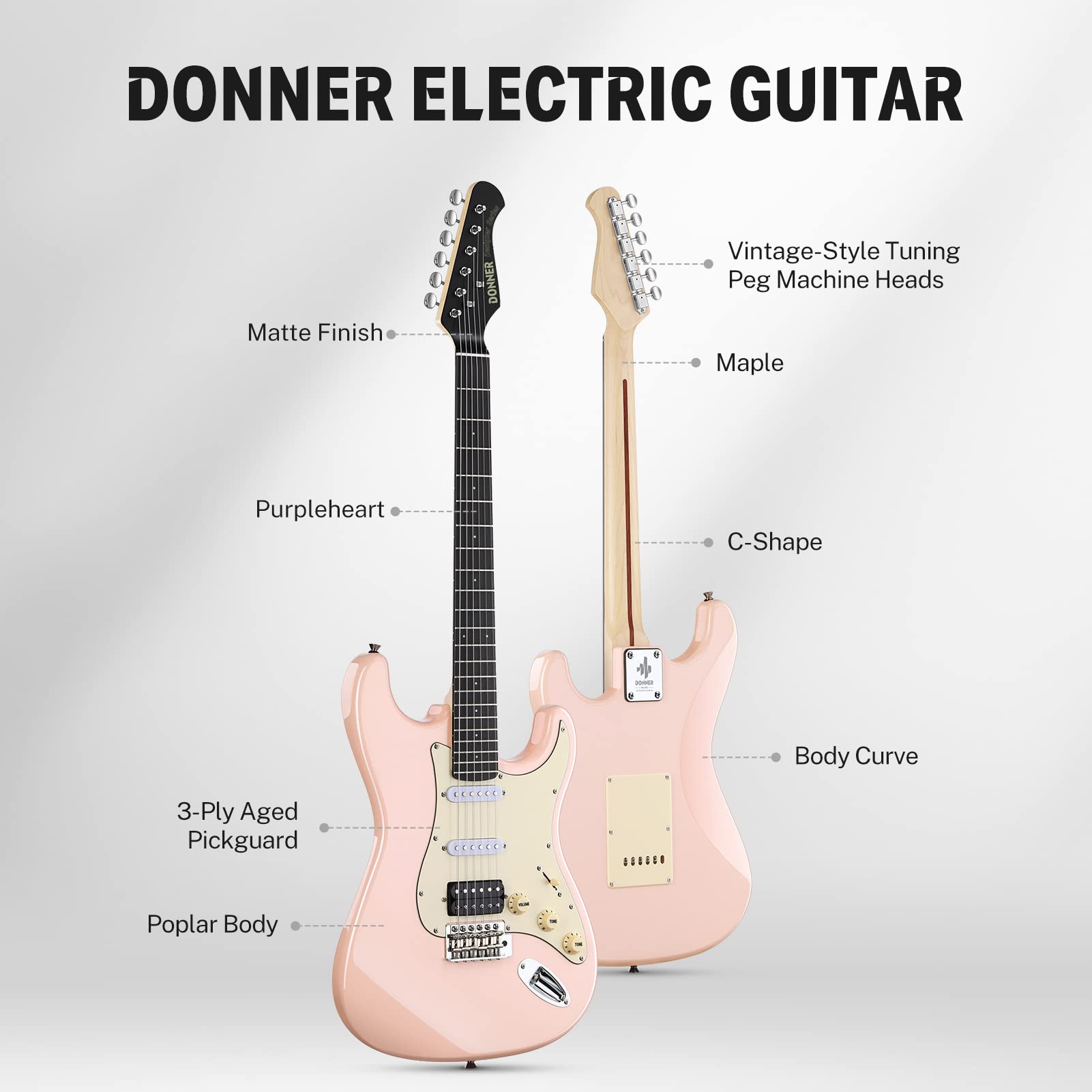 Donner DST-200 Full-size Beginner Electric Guitar with HSS Coil Split, Pink