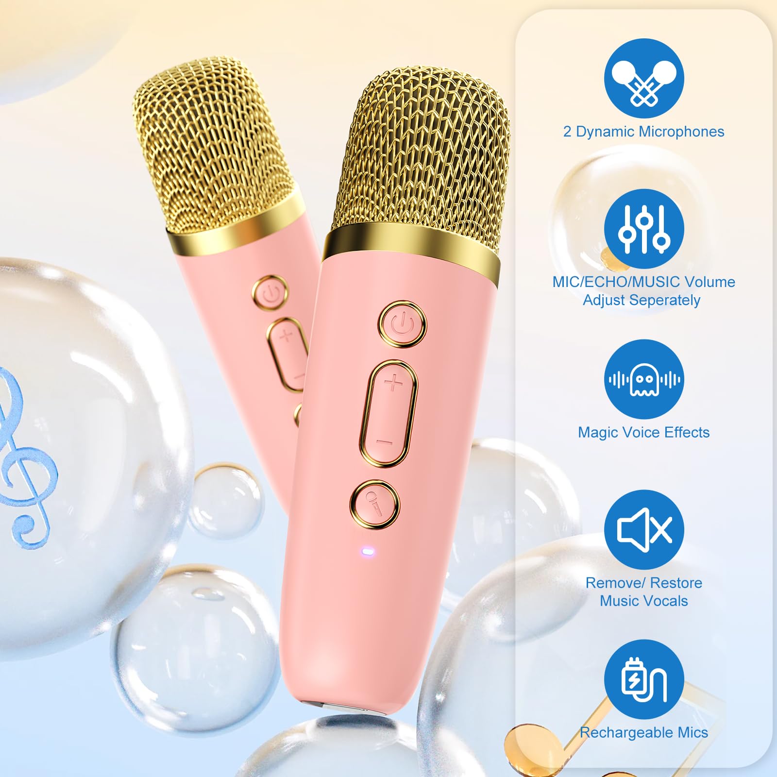 Mini Karaoke Machine for Kids Adults, Portable Bluetooth Speaker with 2 Wireless Microphones, Karaoke Toys for Family Party, Birthday Gifts for Girls Ages 4, 5, 6, 7, 8, 9, 10, 12+ (Beige, 1 Mic)