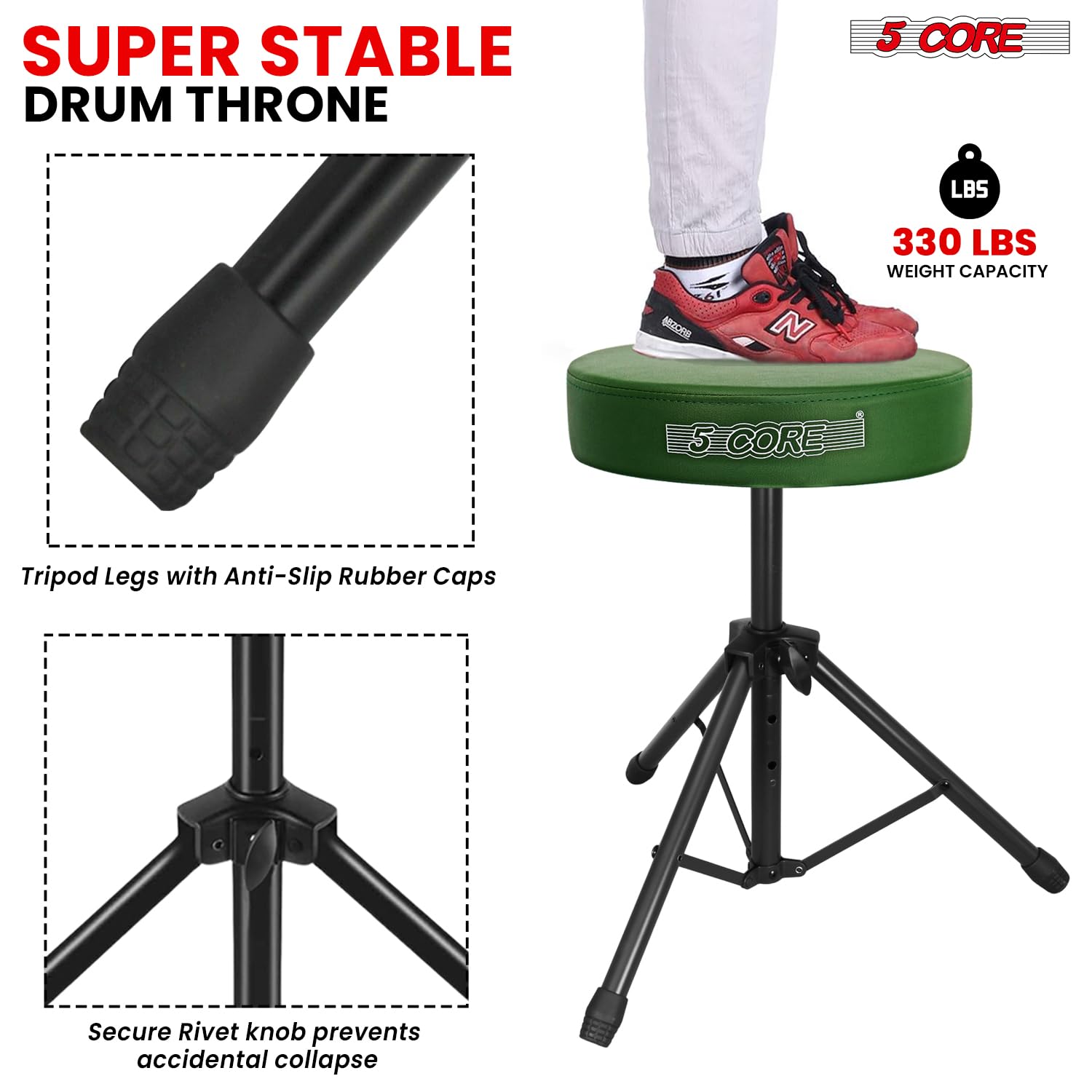 5 CORE Drum Throne Padded 3″ Seat Adjustable Drumming Stool Deep Green