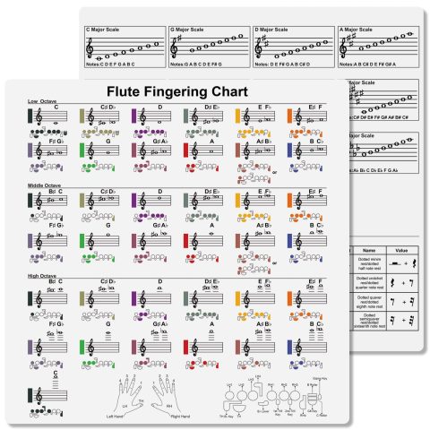 Enjoyard Flute Fingering Chart with All Major Scales, Note Rest & Dotted Rhythm Learning Card, Waterproof Flute Reference Guide for Beginner & Advanced Players