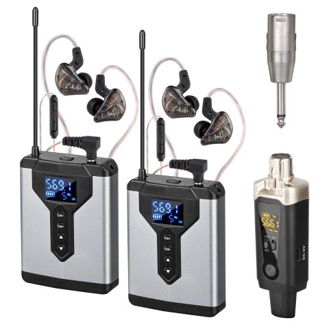 Depusheng T9-2 Wireless in Ear Monitor System with Transmitter Clip on Receiver Automatic Pairing in-Ear Monitoring for Studio,Guitar,DJ,Live Performance (2 Receivers + 1 Transmitter)