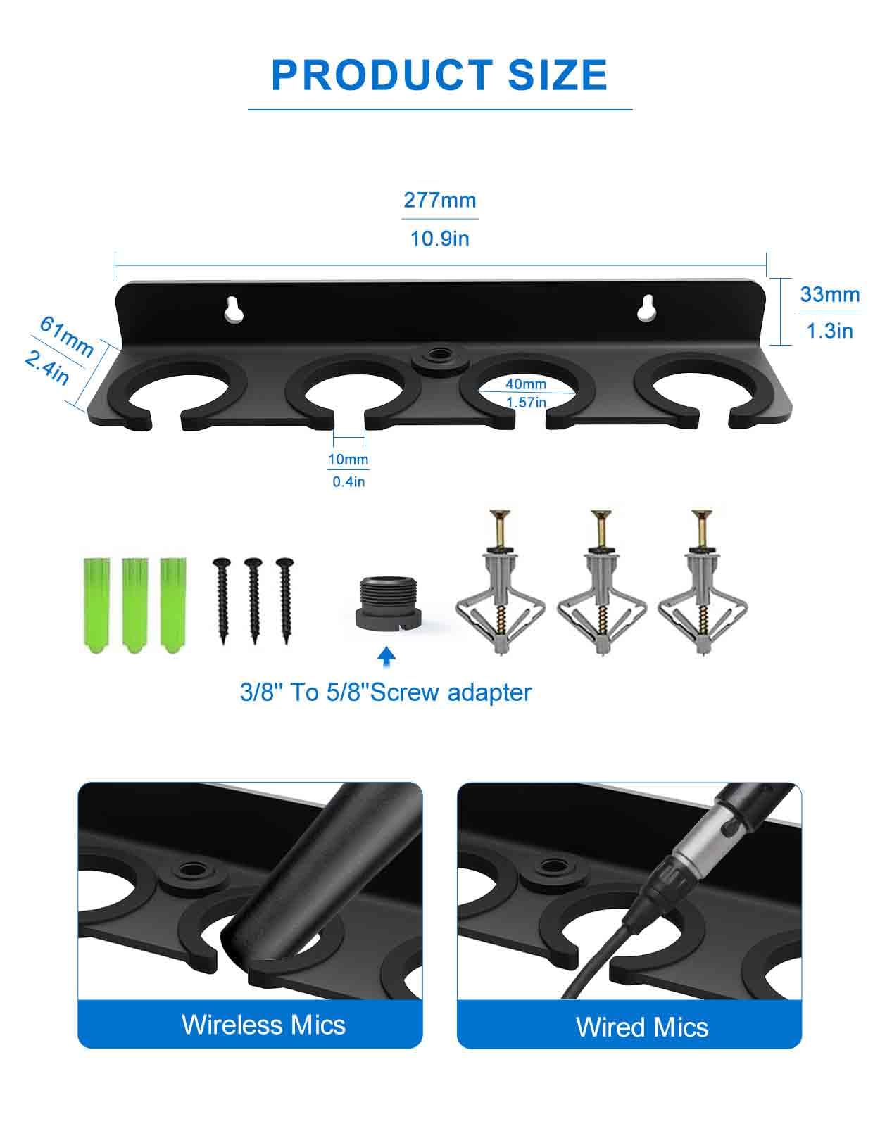 Multi Mic Holder for Stand, Wall Mounted, for 4 Handheld Wired/Wireless Mic