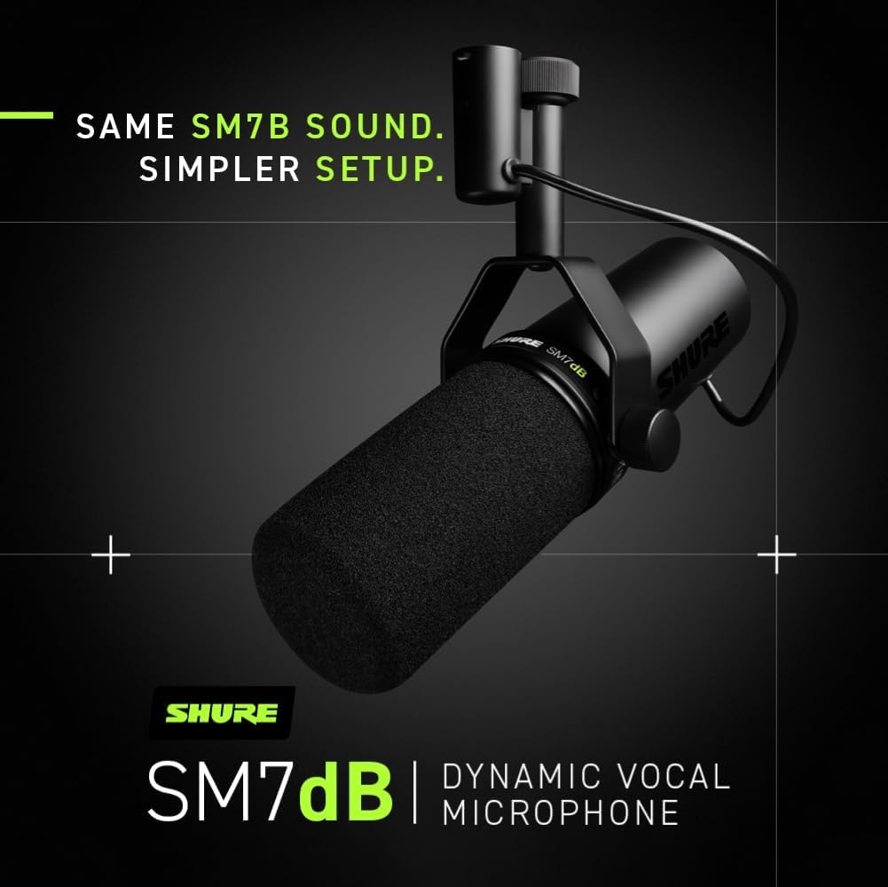 Shure SM7dB Dynamic Vocal Microphone w/Built-in Preamp for Streaming, Podcast, & Recording with Detachable Windscreen and 20ft XLR Cable