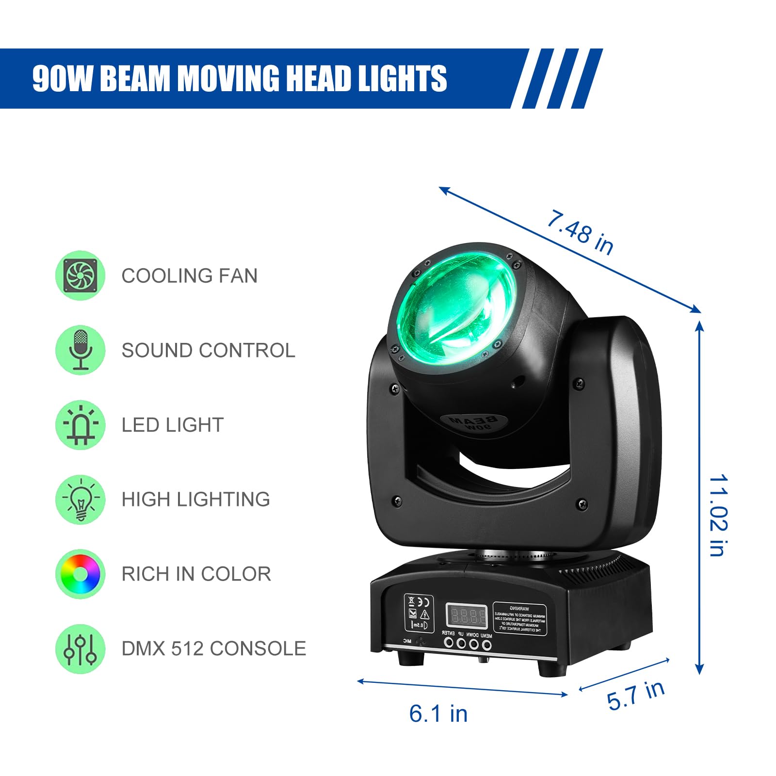 DJXFLI 90W LED Moving Head DJ Lights Mini Beam Stage Lights Super Bright Spot RGBW 4IN1 DMX 512 13CH Sound-Activated for Wedding DJ Party Stage Lighting (75W, 2)