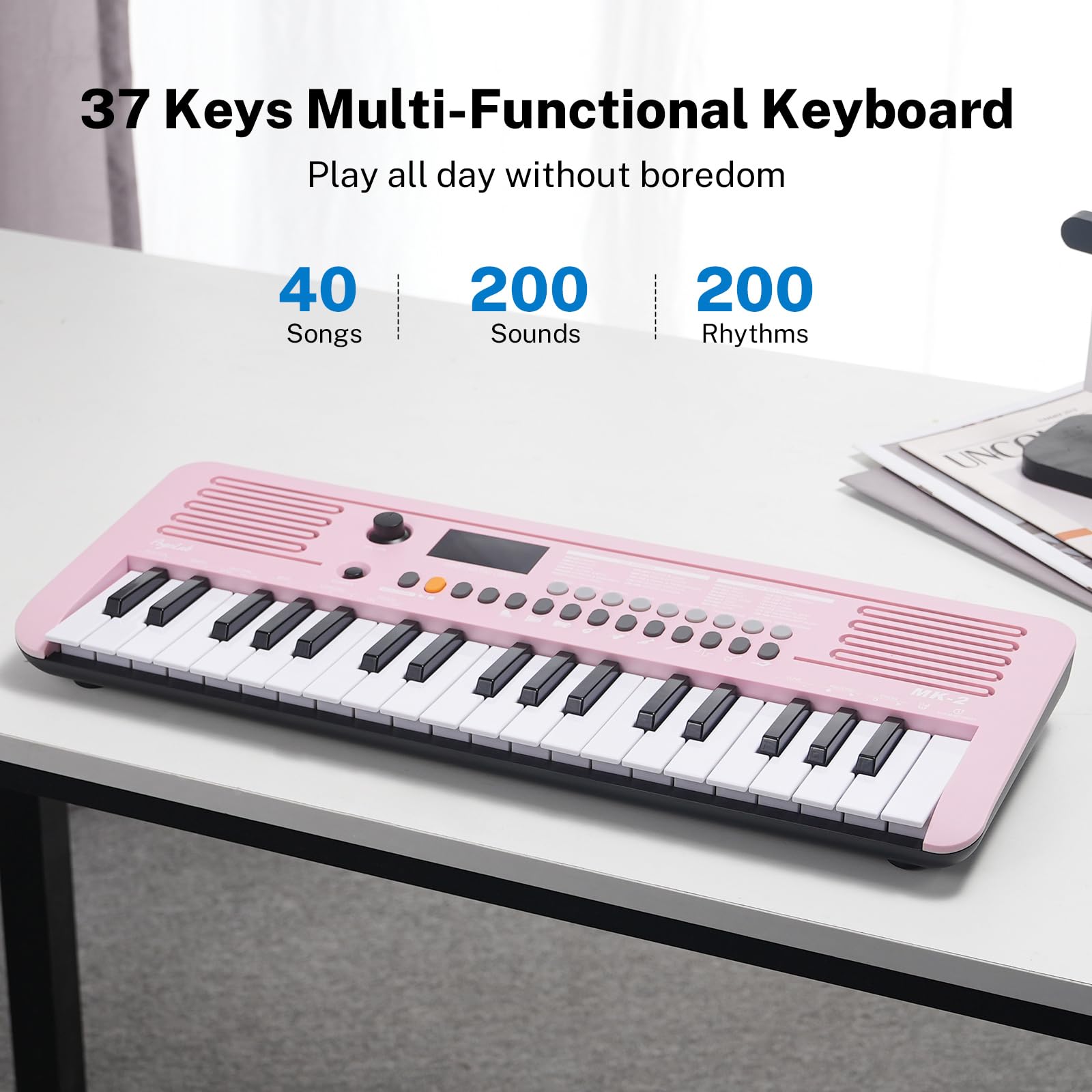 POGOLAB MK-2 37 Keys Kids Keyboard Piano, Portable Small Keyboard with 40 Songs, 200 Sounds, with MIDI Function, LED Display & Dual Speakers, Compact Mini Music Piano for Kids/Beginners (Pink)