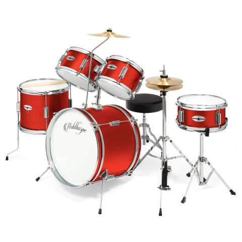 Ashthorpe 5-Piece Complete Kids Drum Set with Genuine Brass Cymbals – Junior Beginner Kit with 16″ Bass, Throne, Hi-Hats, Pedals & Drumsticks – Red