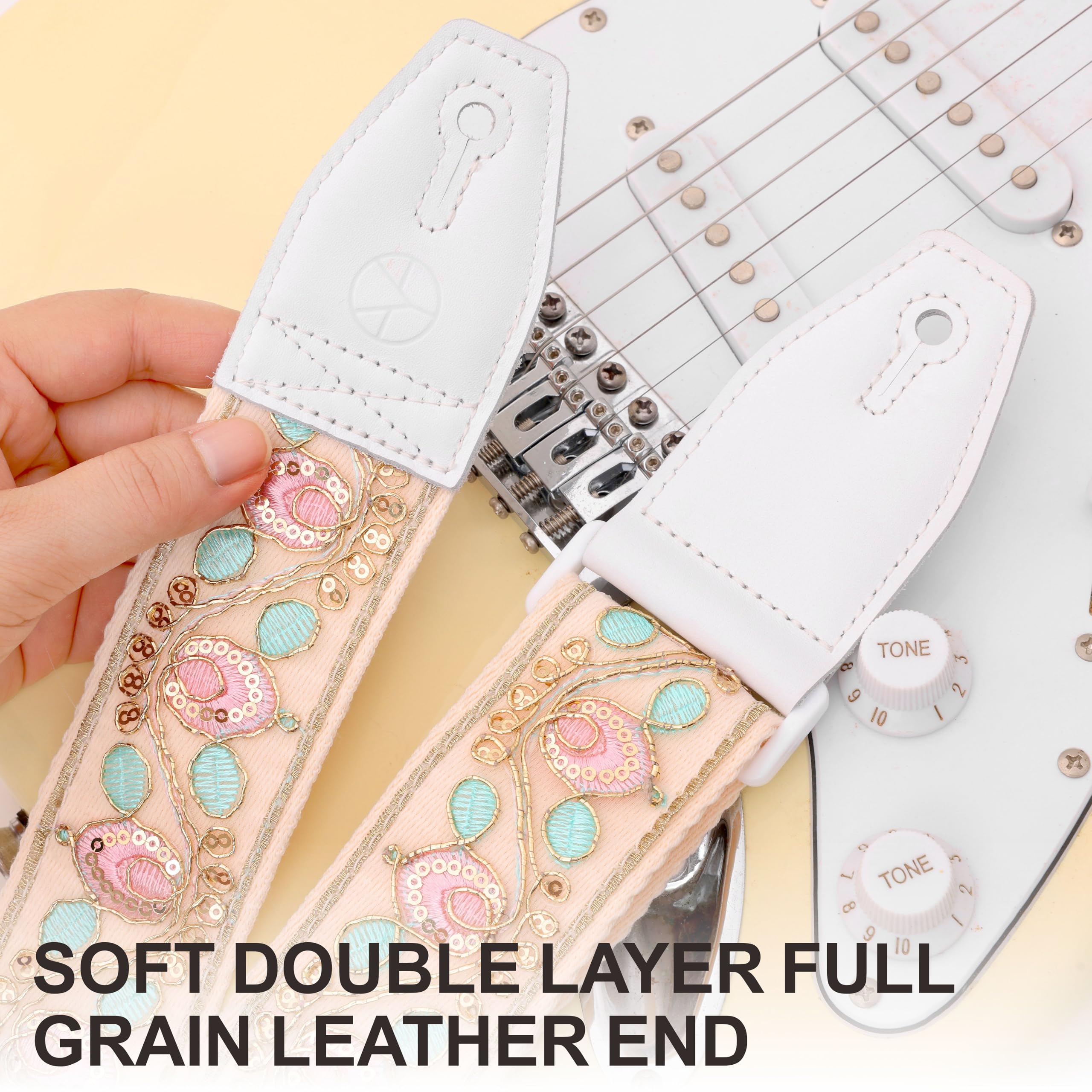 YIKOKO Guitar Strap 2 inch Lace Embroidered Floral Guitar Straps with Full Grain Leather End, for Bass, Electric and Acoustic Guitars, Free Button, Locks and Picks