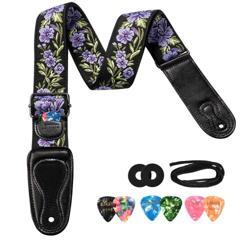 LEKATO Bass Guitar Straps – Flower Rose Guitar Strap for Electric & Acoustic Guitar, 2″ Wide Bass Strap with Leather Ends, Artistic Woven Guitar Straps with Pick Holder