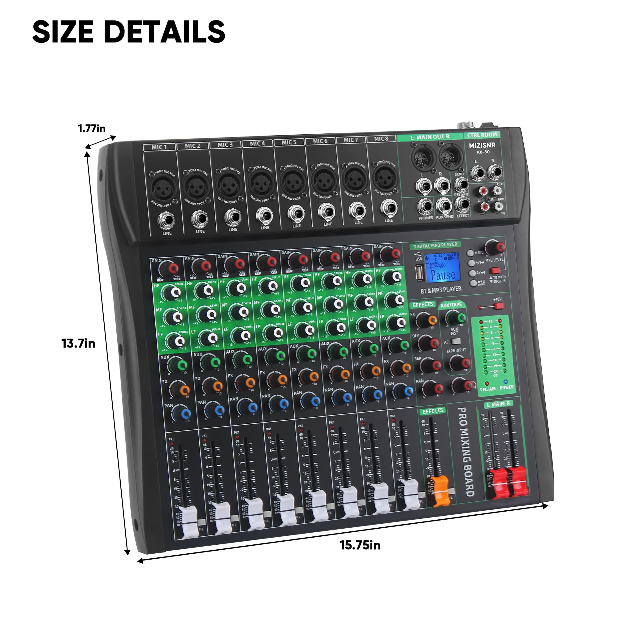 MIZISNR 8 Channel Audio Mixer, Professional DJ Mixer Board Sound Music Mixing Console Digital Mixer with Reverb, Bluetooth, USB Port, 48V Phantom Power for Recording Karaoke Podcasting