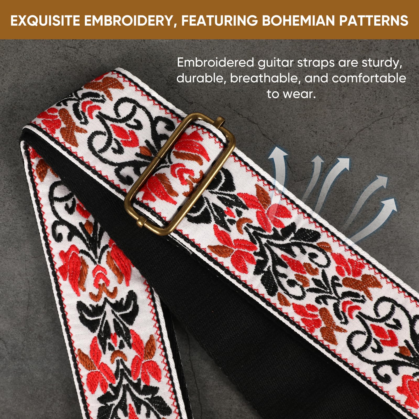JIPIS Guitar Strap,Jacquard Cotton Guitar Straps with Real Leather Ends for Acoustic,Electric Guitars and Bass,with Free 1 Head strap, 2 Anti Slip Buckle and 3 Guitar Picks (GS-75-2 Red Jacquard)