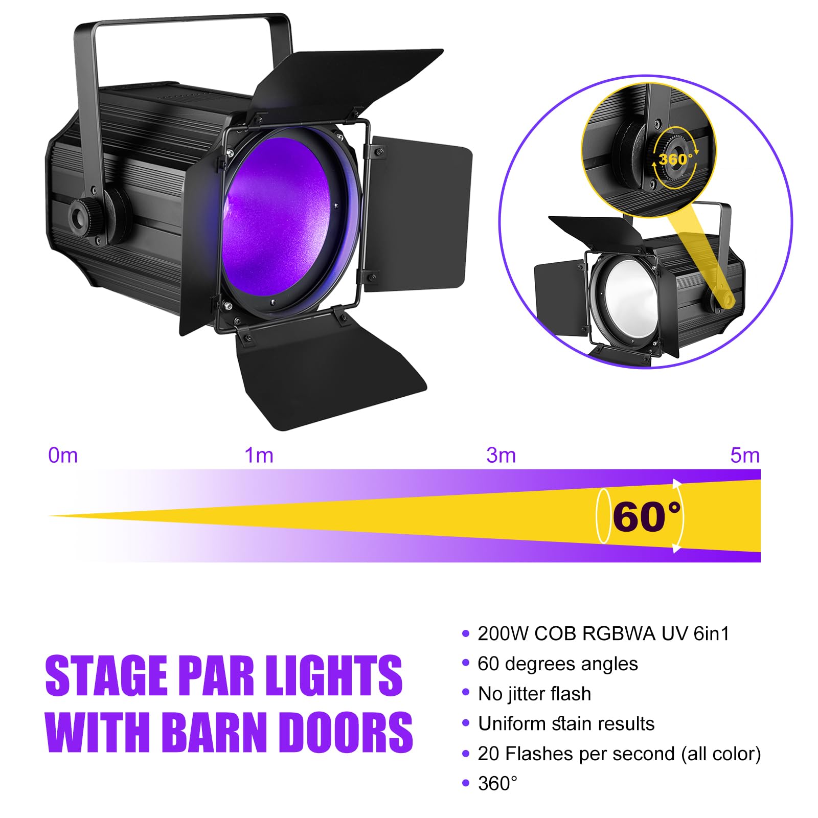 DJXFLI COB Stage Lights with Barn Doors, COB Par Light 200W LED RGBWAUV DMX512 Master-Slave Sound DJ Lighting Spotlight Fresnel for Church Concert Wedding