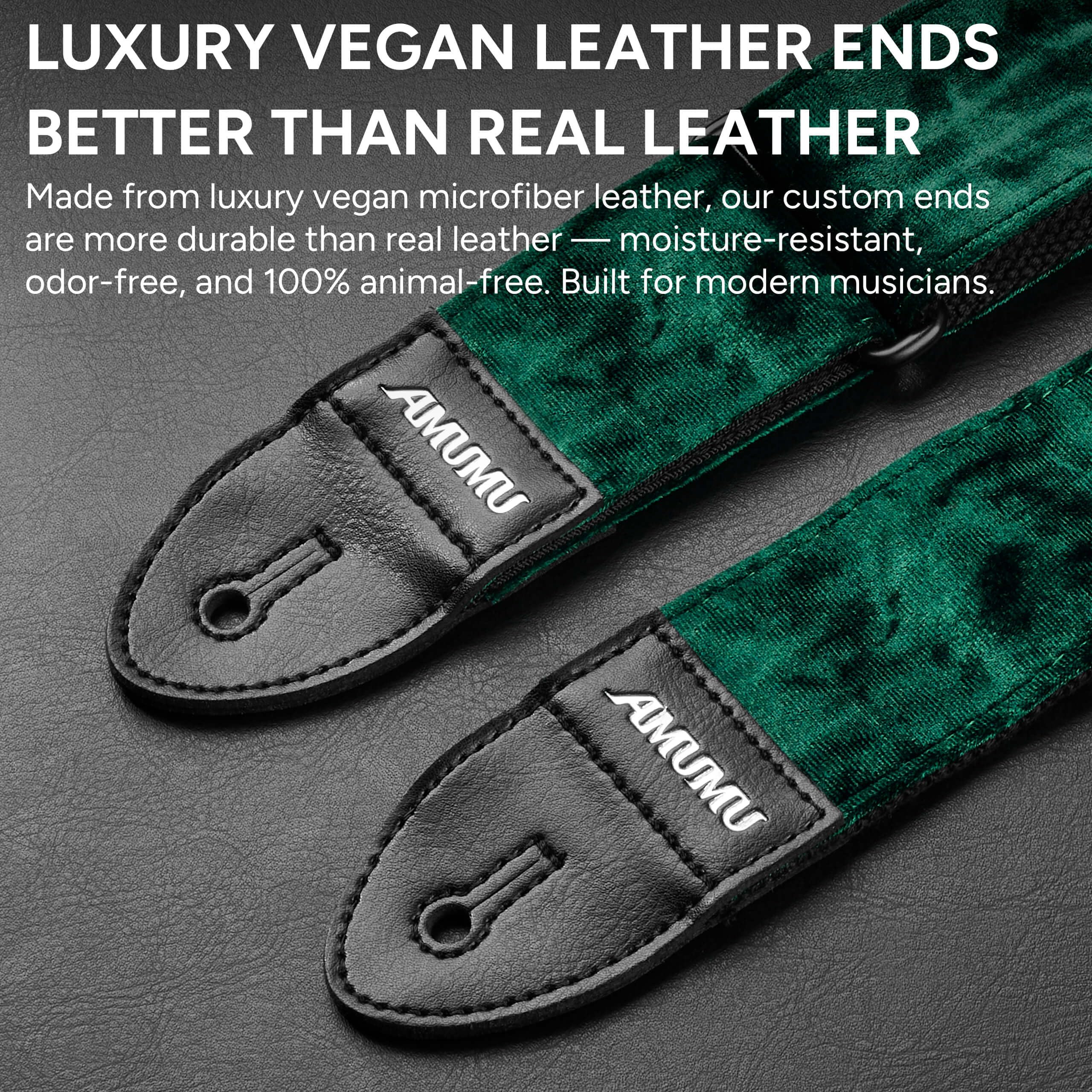 Amumu Flocked Velvet Guitar Strap with Microfiber Leather Ends – Guitar Accessories – Fits Acoustic, Bass and Electric Guitar – Green