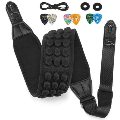 POGOLAB Guitar Strap, 3.5″ Wide Air Cell Cushions Neoprene Padded Soft Comfortable Bass Strap, Adjustable Length from 47″ to 55″ with Strap Locks & Picks, for Bass Electric Guitar (Regular) Black