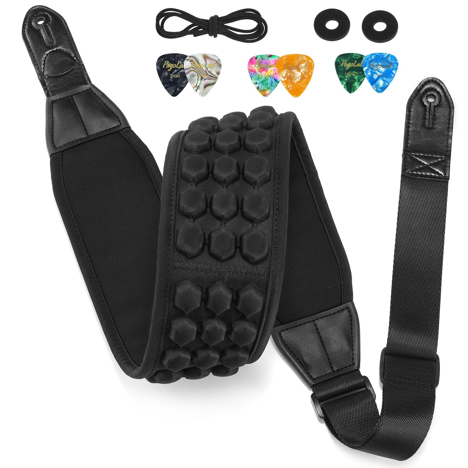 POGOLAB Guitar Strap, 3.5″ Wide Air Cell Cushions Neoprene Padded Soft Comfortable Bass Strap, Adjustable Length from 47″ to 55″ with Strap Locks & Picks, for Bass Electric Guitar (Regular) Black