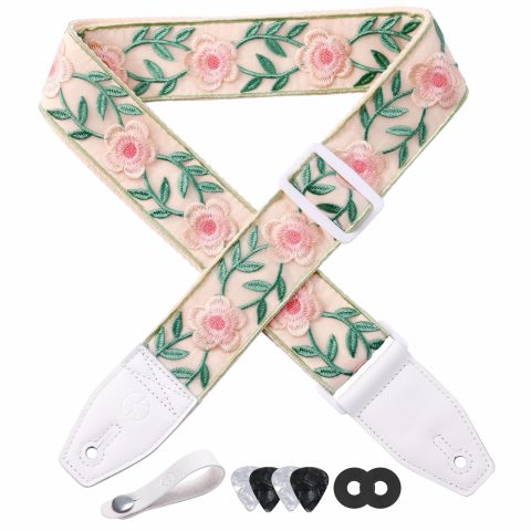 YIKOKO Guitar Strap, Head Layer Cowhide Leather End, 2 Inches Wide, for Acoustic and Bass Electric Guitars, Free Button, 2 Strap Locks and 4 Guitar Picks