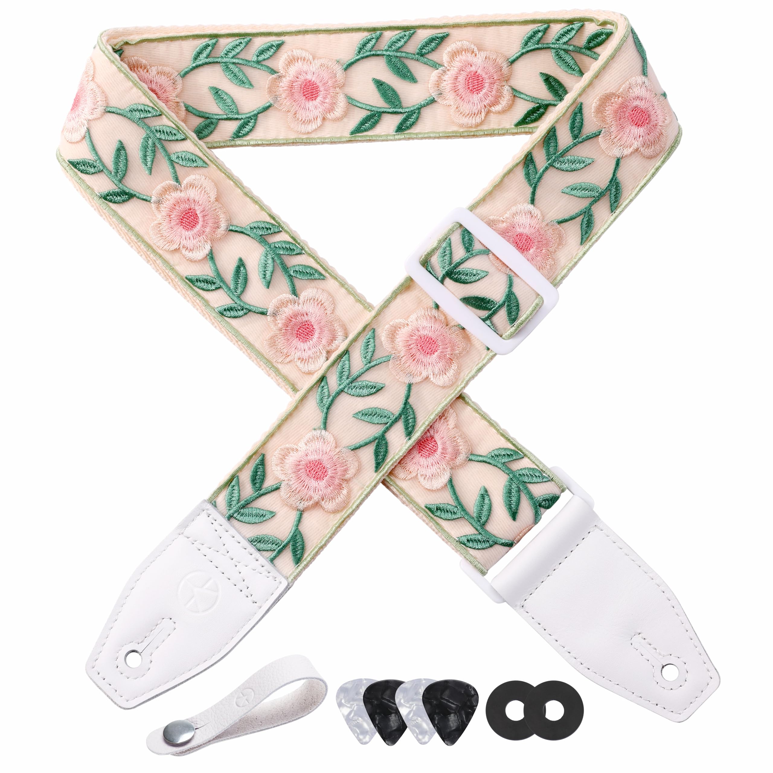 YIKOKO Guitar Strap, Head Layer Cowhide Leather End, 2 Inches Wide, for Acoustic and Bass Electric Guitars, Free Button, 2 Strap Locks and 4 Guitar Picks