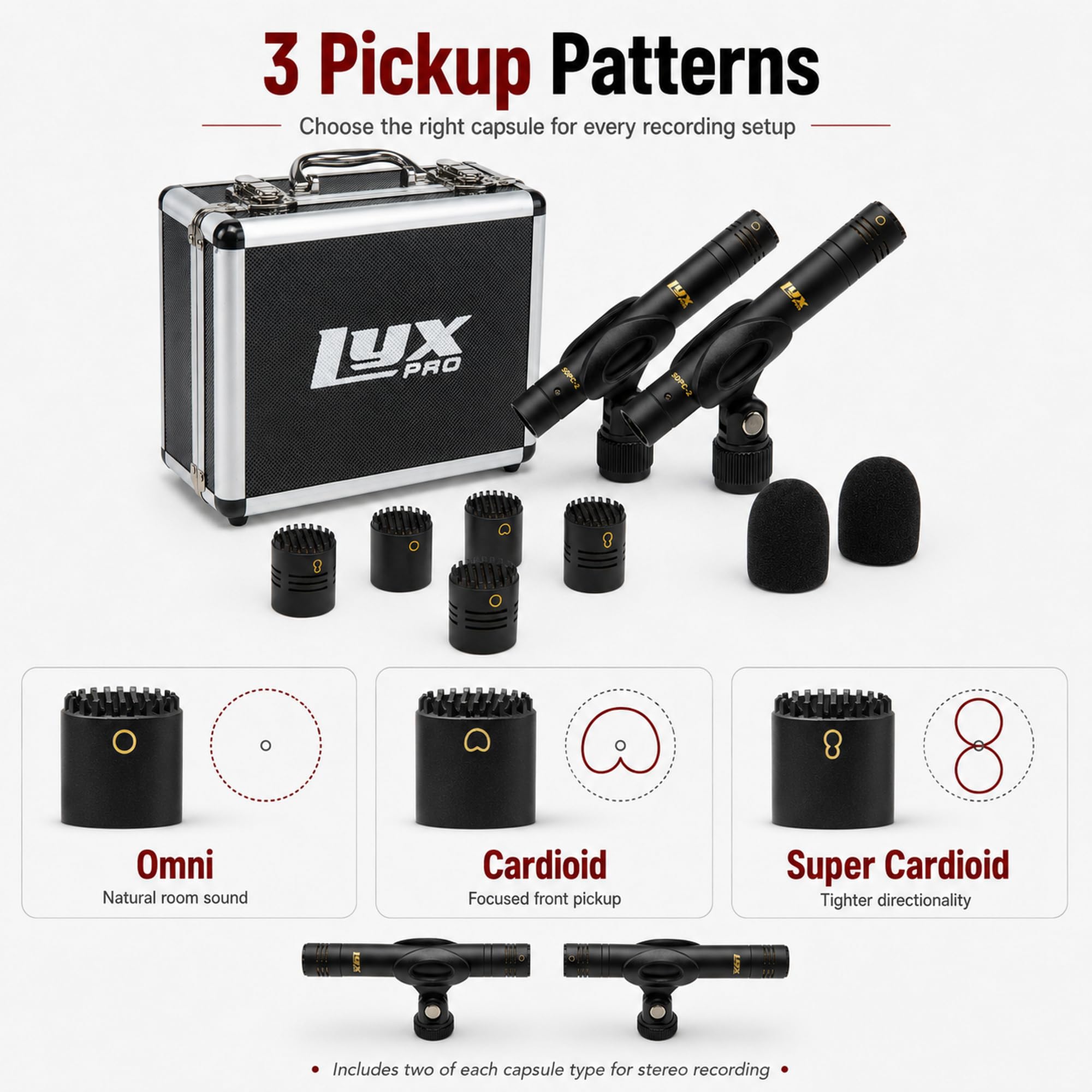 LyxPro SDPC-2 Stereo Pair XLR Pencil Condenser Microphones, 3 Capsules