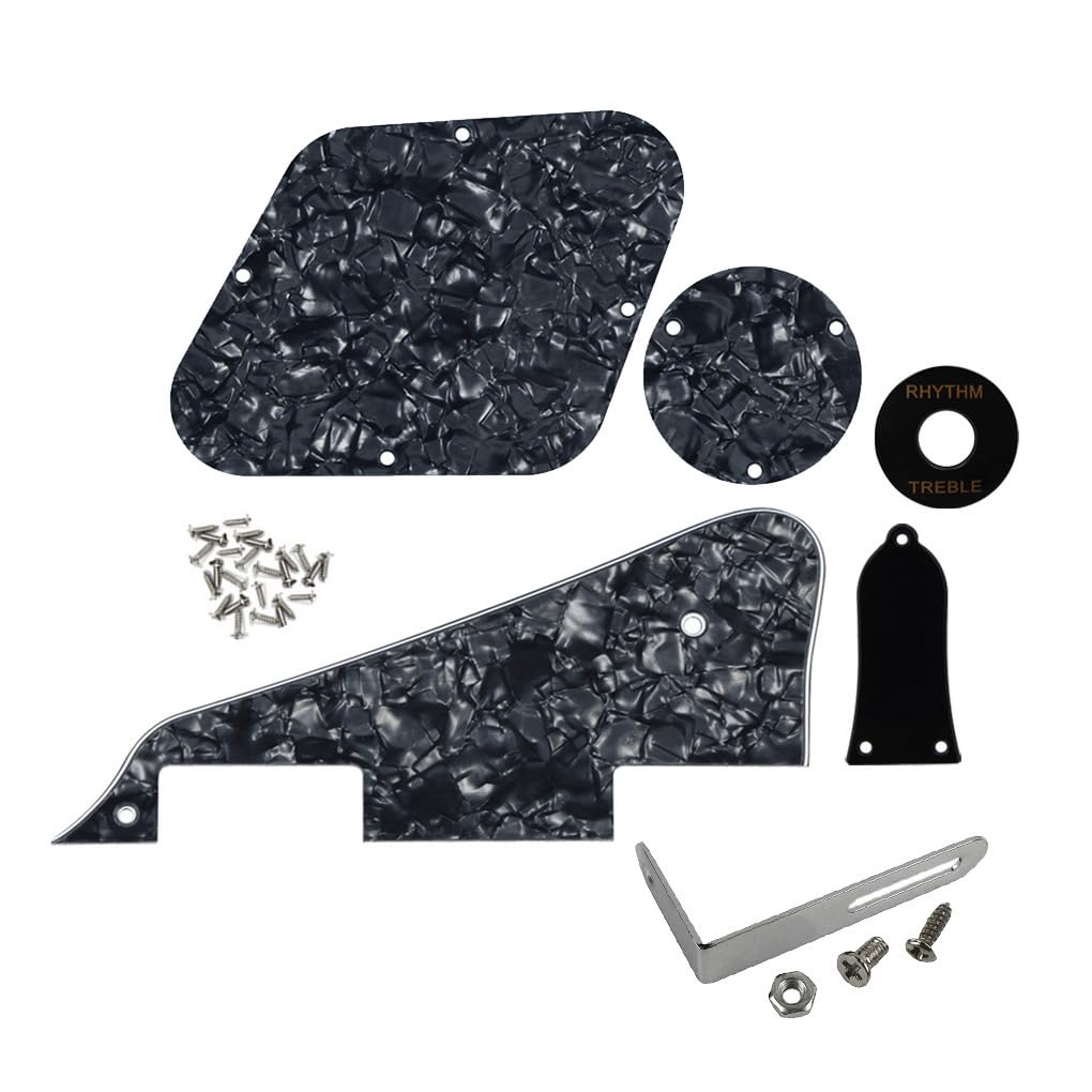 FLEOR 4Ply Black Pearl Pickguard Back Plate Screws Set & Switch Ring & Bracket Fit LP Style Guitar Pickguard Replacement