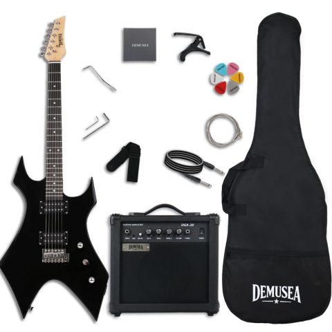 Demusea Cool Shape Electric Guitar With 20W Amplifier Set Black Color Solid Paulownia Body Maple Neck 1V 1T Gigbag Strap String Picks For Practice Starter Home Outside (Unique Shape, Black)