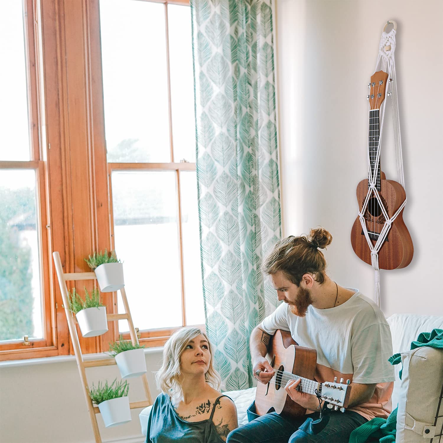 majowir Macrame Ukulele Hanger Soprano Boho Wall Mount with Soft Padding