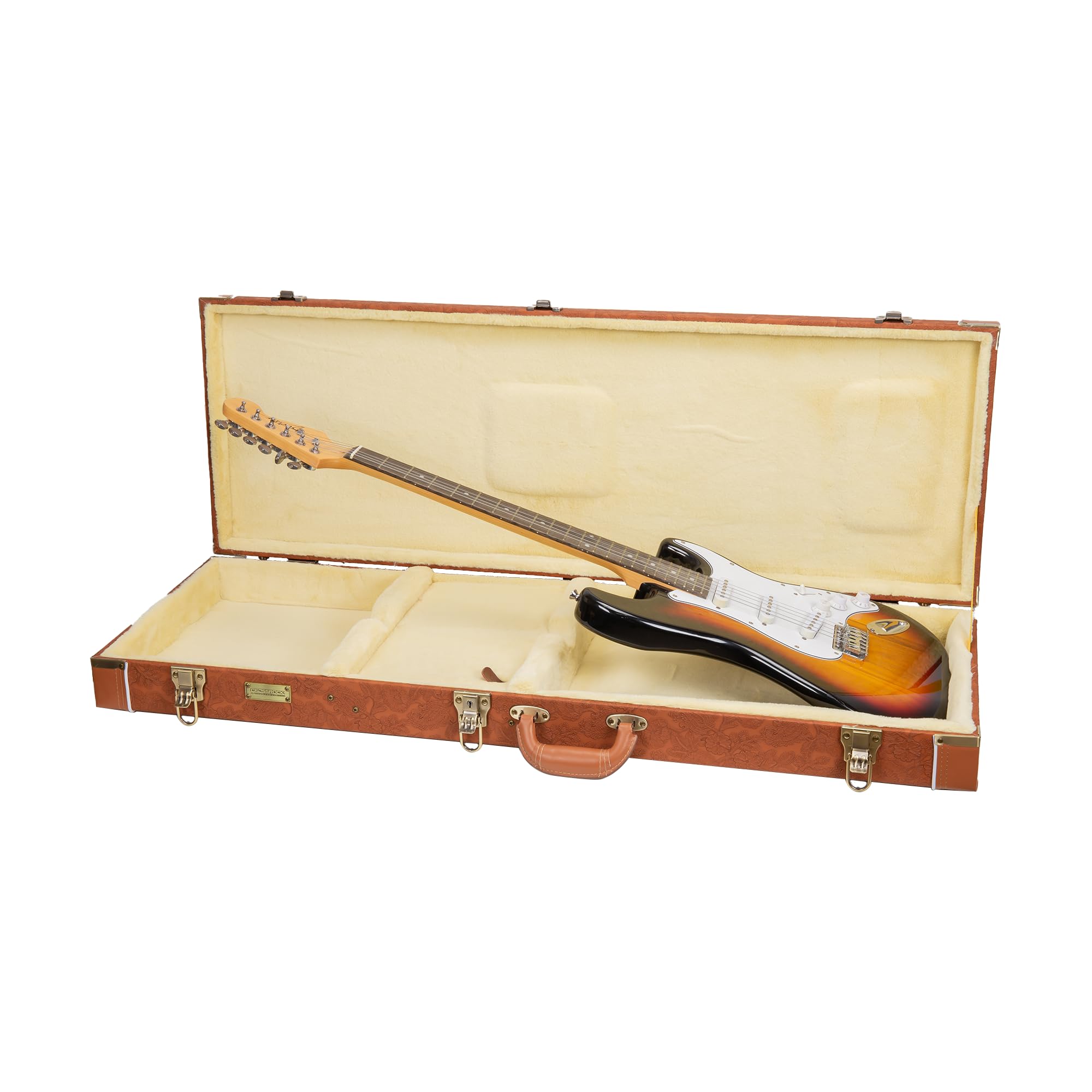 Crossrock Relief Series Electric Guitar Case for Strat & Tele | Carved Red Wood Finish, Ivory Plush Interior, Lock (CRW630ERO)