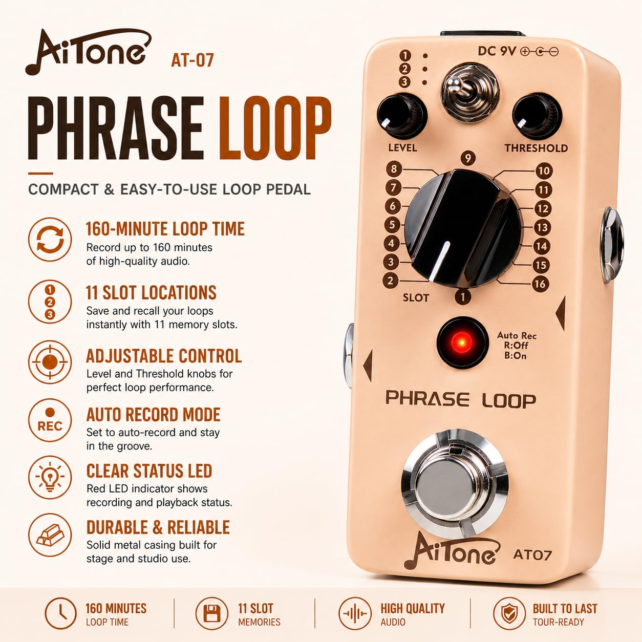 AITONE Guitar Looper Pedal, 48 Memory Slots, Auto Record, 24-Bit (AT-07)