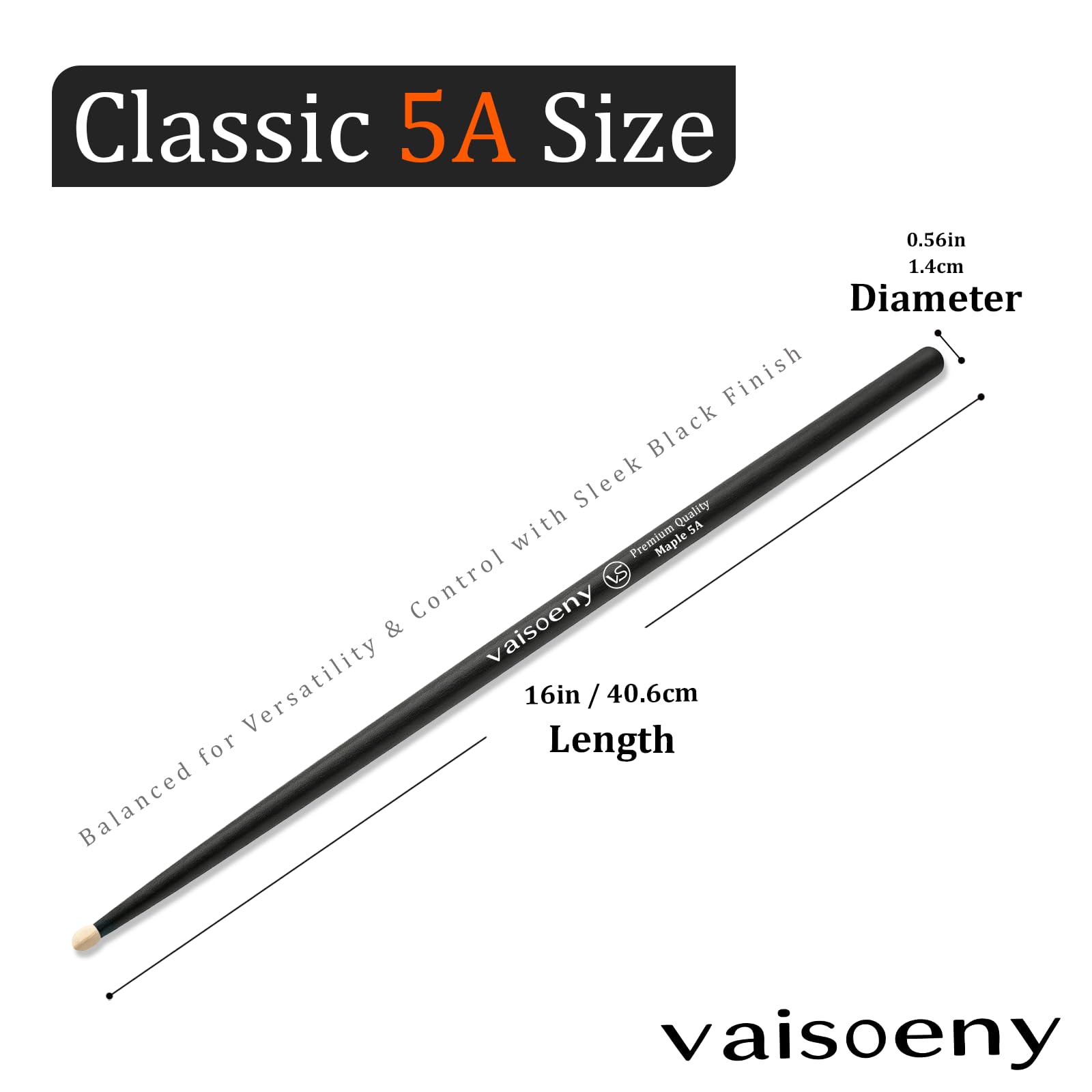VAISOENY 5A Drumsticks, 6 Pairs Lacquered Maple Wood Drum Sticks (Black)