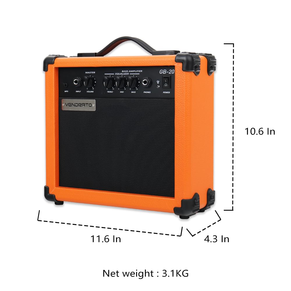 Vendrato Electric bass Amplifier 20w amp Orange Color Multi Band Treble Middle bass mp3 Headphone Jack Portable for Starter Beginner Travel Amp Practice noiseless Cable Picks and Adapter with
