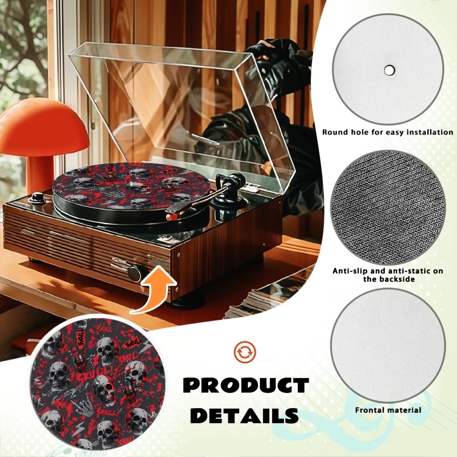 PJHEQOXE Turntable Mat,11.6 Inch,Halloween Skull Print Red