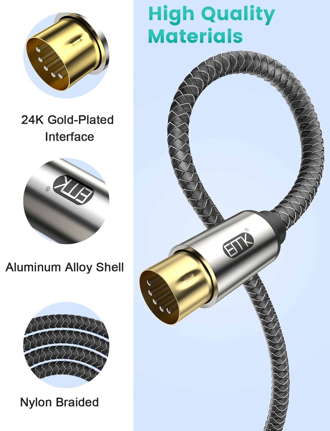 EMK Premium 5-Pin MIDI Cable (1 PCS, 5Ft/1.5M) – Nylon Braided Durable MIDI to MIDI Cord for Keyboard, Synthesizer, Guitar Pedal, Sampler, Audio Interface, Mixer – Gold-Plated Connectors
