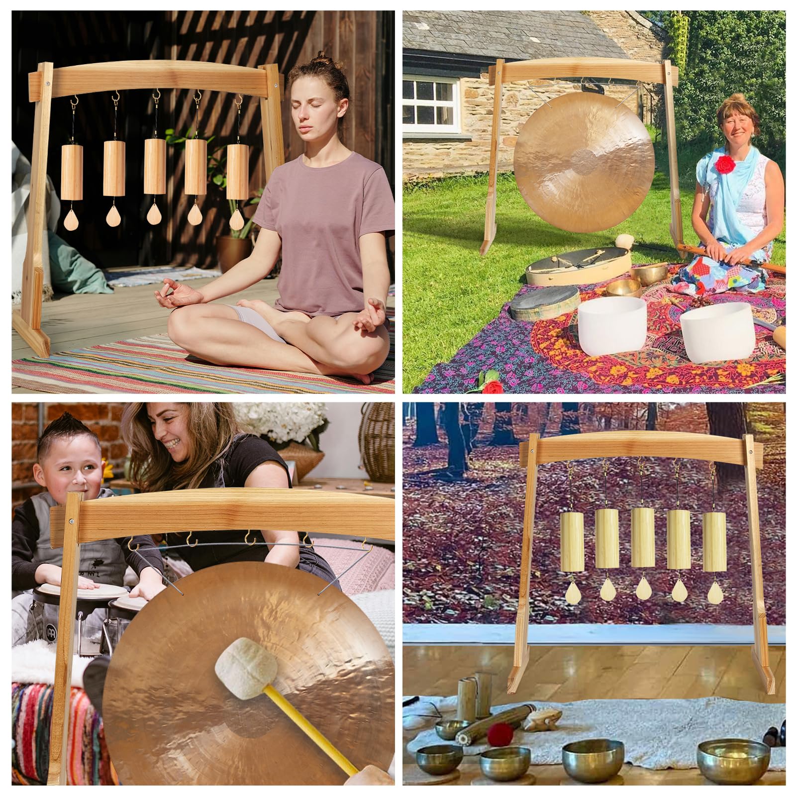 Amcortn Chime Stand for 5 Chimes, 14″ Gong Target Stands, Wind Chimes Wood Stand, Light & Portable Multipurpose Stand, Easy Assembly for Sound Healing, Meditation, Yoga