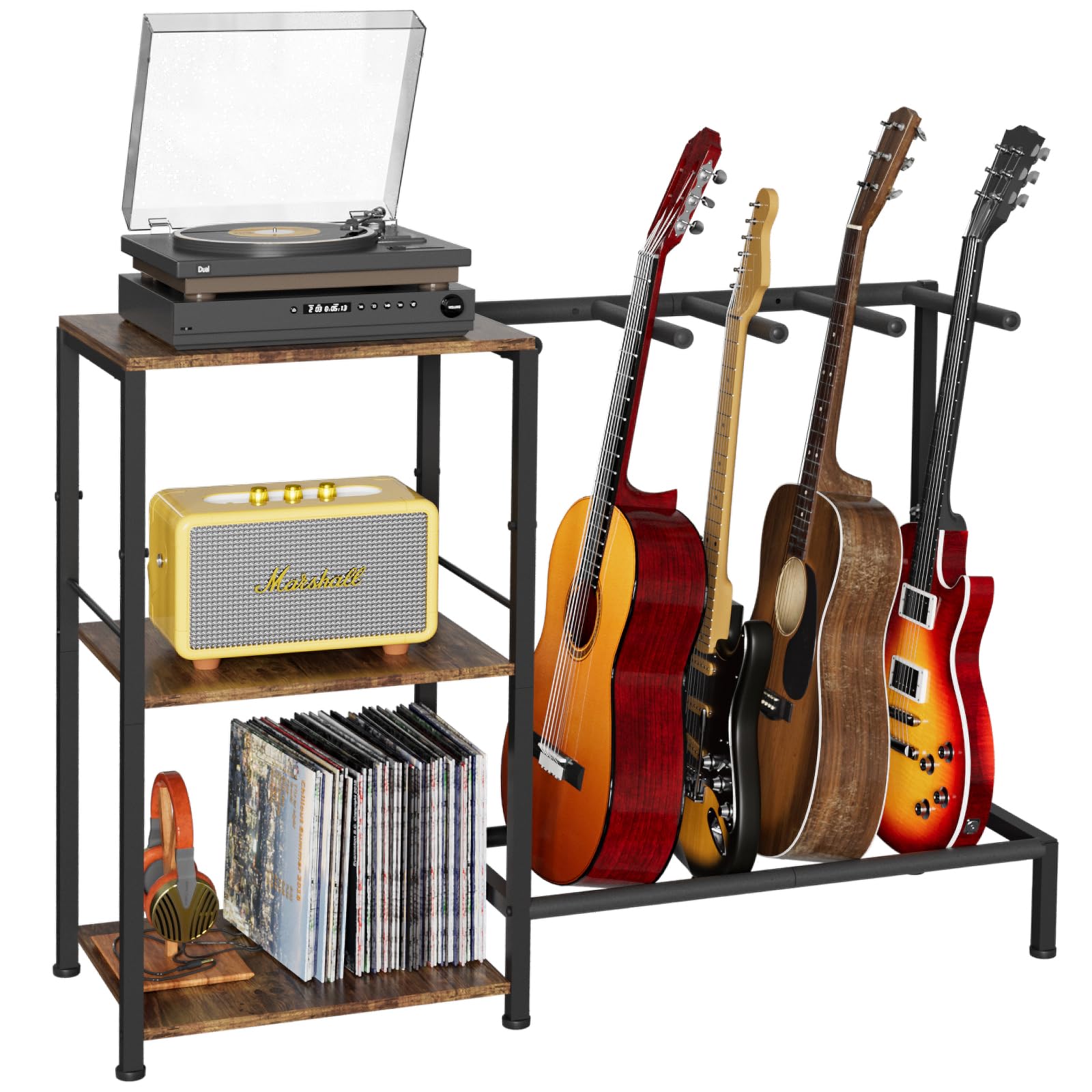 NEYCIL Guitar Stand for 4 Guitars, Adjustable Multiple Guitars Rack with Soft-Padded Protector for Acoustic, Electric, Bass & Ukulele, Guitar Display Stand with 3-tier Shelves for Amp & Vinyl Records