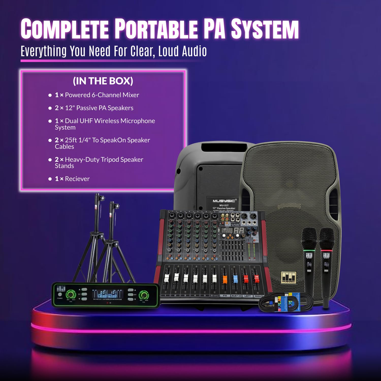 Pa Speaker System with Wireless Microphone and Speakers 12” w/2000W