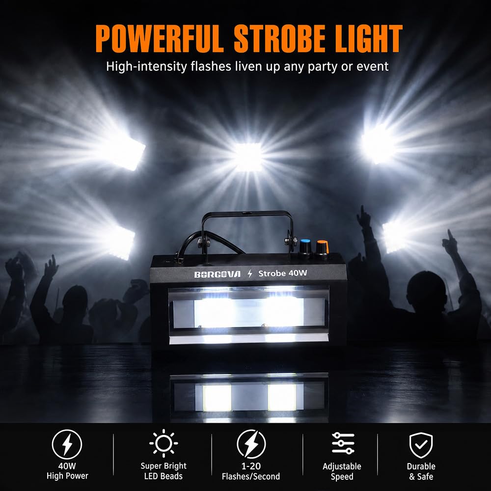 BORGOVA 40W LED Strobe Light, Portable White LED Stage Flashing Light