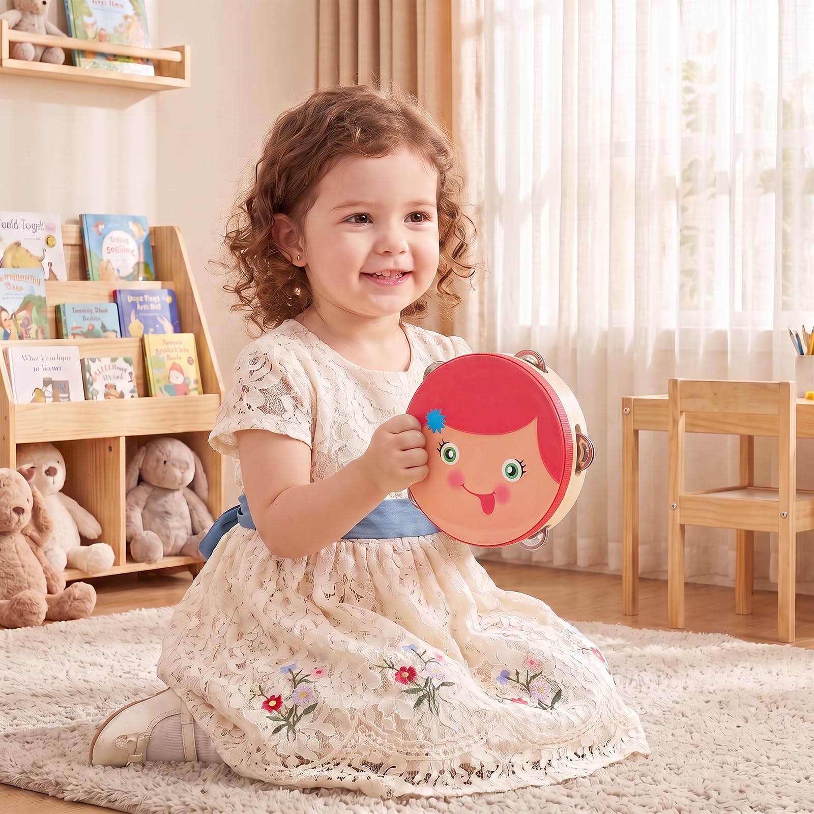 6 Inch Tambourines Musical Instrument, Wooden Hand Held Tambourine Drum with Metal Jingles, Hand Bell Drum Percussion Gift Musical Educational Tambourines for School, Party, KTV, Church(Girl)